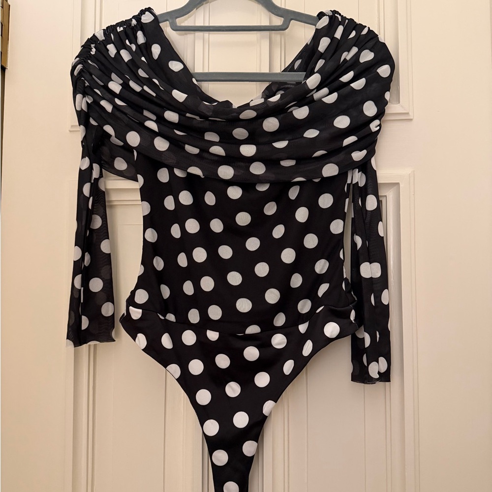 AFRM Black and White Polka Dot Off-Shoulder Bodysuit - Picture 3 of 3